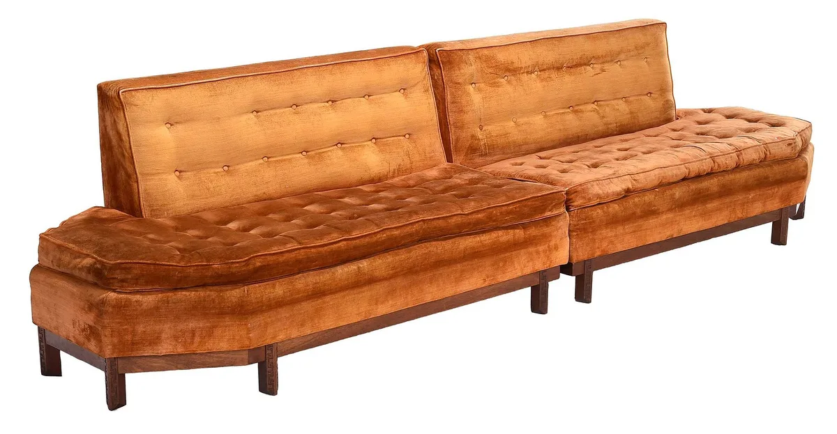 for Henredon Two Part Sectional Sofa by Frank Lloyd Wright, upholstered in tufted orange velvet, sold Oct 2024