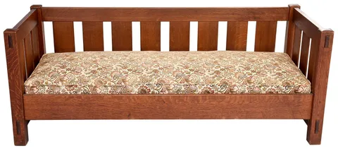 Gustav Stickley, Arts and Crafts Oak Settle, oak throughout with upholstered seat