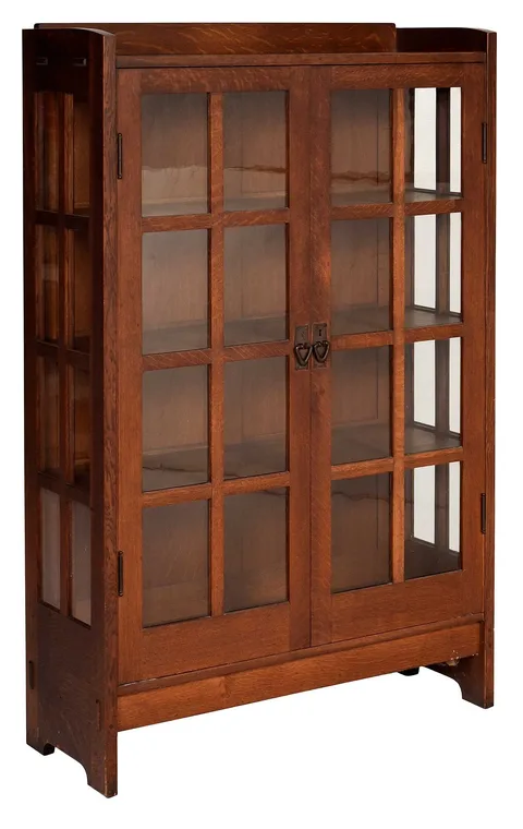 Gustav Stickley, Arts and Crafts Oak Two Door Bookcase, two doors with hammered copper pulls