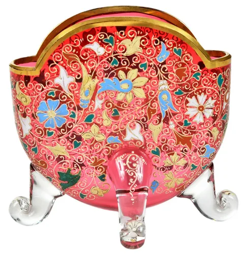 Mary Moser, or Style Enameled Glass Pillow Vase, clear glass over cranberry
