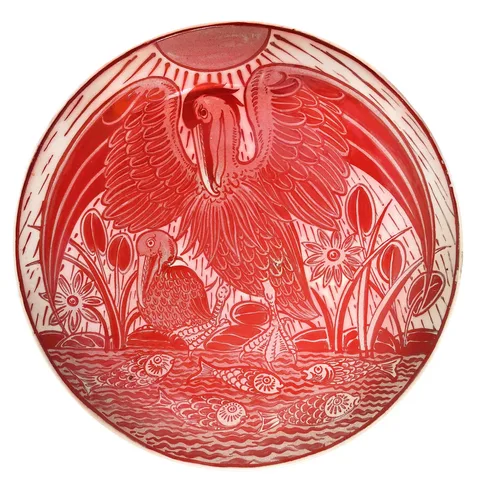 William De Morgan, Charger, ruby red lustre glazed earthenware charger with decoration of cranes among the reeds