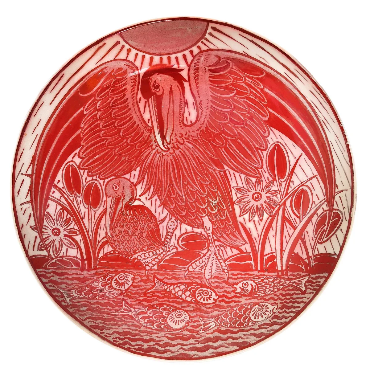 Charger by William De Morgan, ruby red lustre glazed earthenware charger with decoration of cranes among the reeds, sold Jun 2024