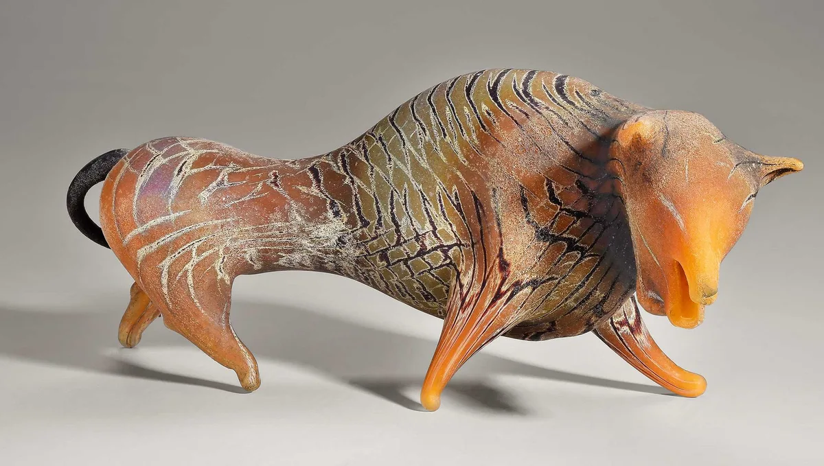 Rhyton Bull by William Morris, 1997, blown glass with sand and hot sculpted, sold Apr 2024