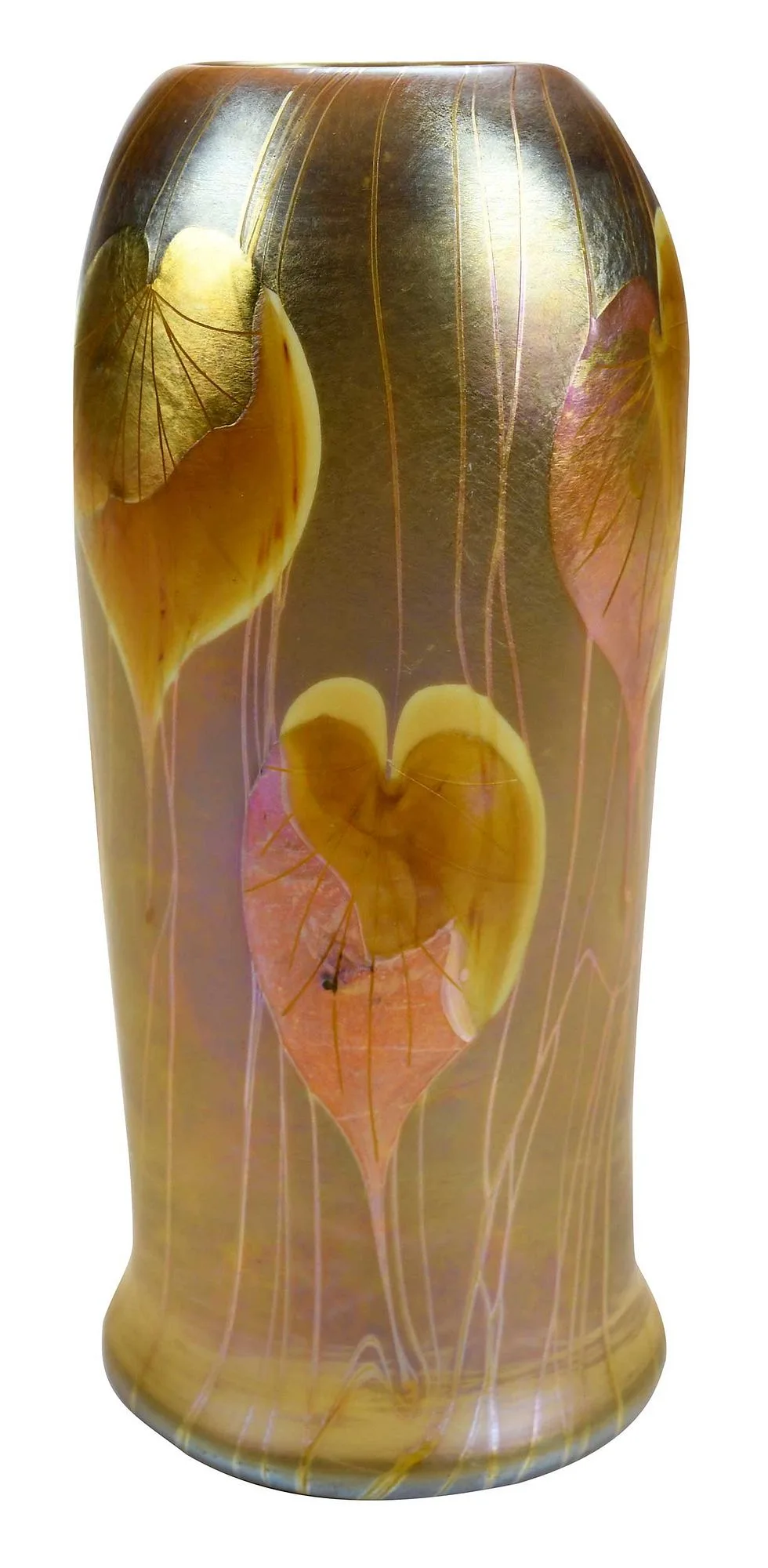 Iridescent Vase by Tiffany Studios, iridized glass with six leaves, sold Jan 2024