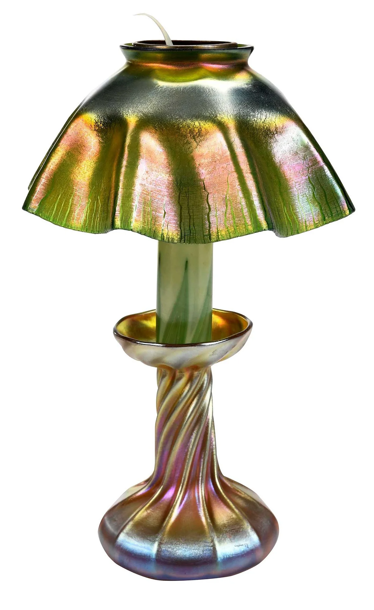 Candlestick Lamp by Tiffany Studios, 1847, iridescent green glass, sold Jan 2024