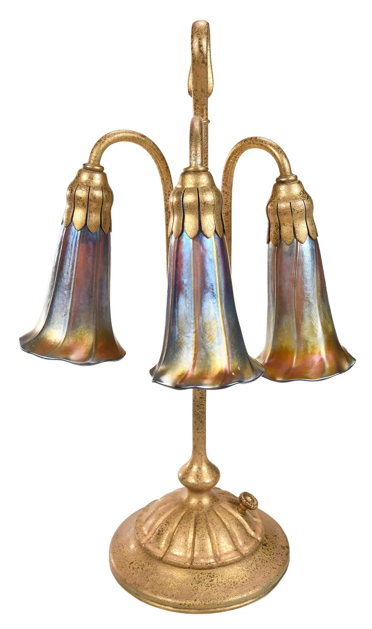 Three Light Lily Lamp by Tiffany Studios, each signed "L.C.T. favrile", sold Jan 2024