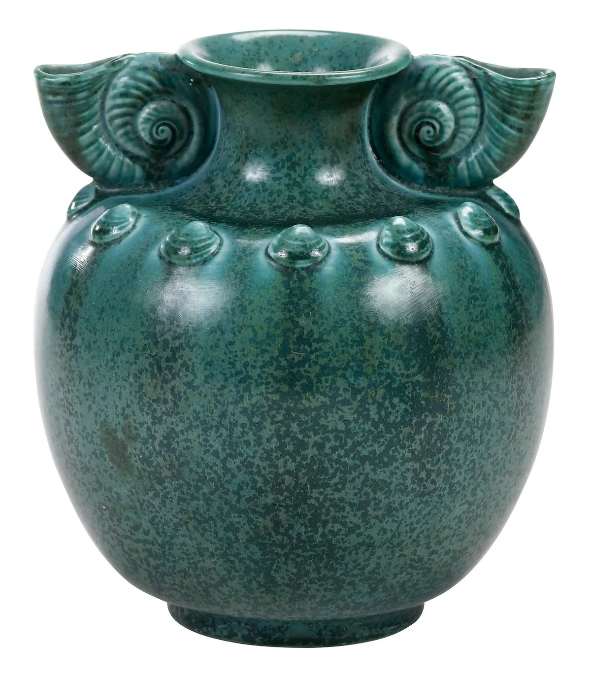 Sea Shell Vase by Rookwood Pottery, circa 1937, having green speckled glaze, sold May 2023
