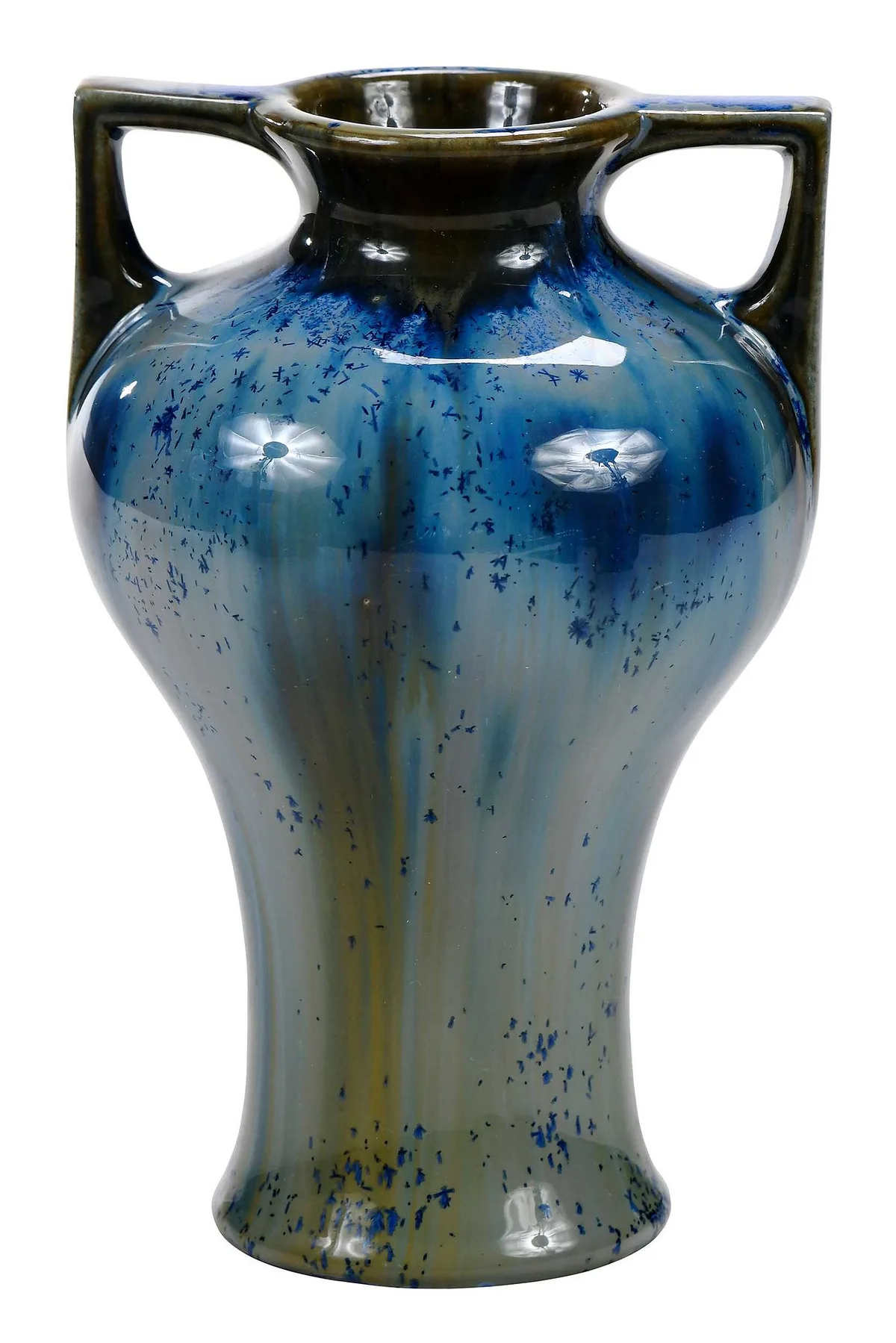 Pottery Vase by Fulper, circa 1916-1922, having green and blue flambe and crystalline glaze, sold May 2023