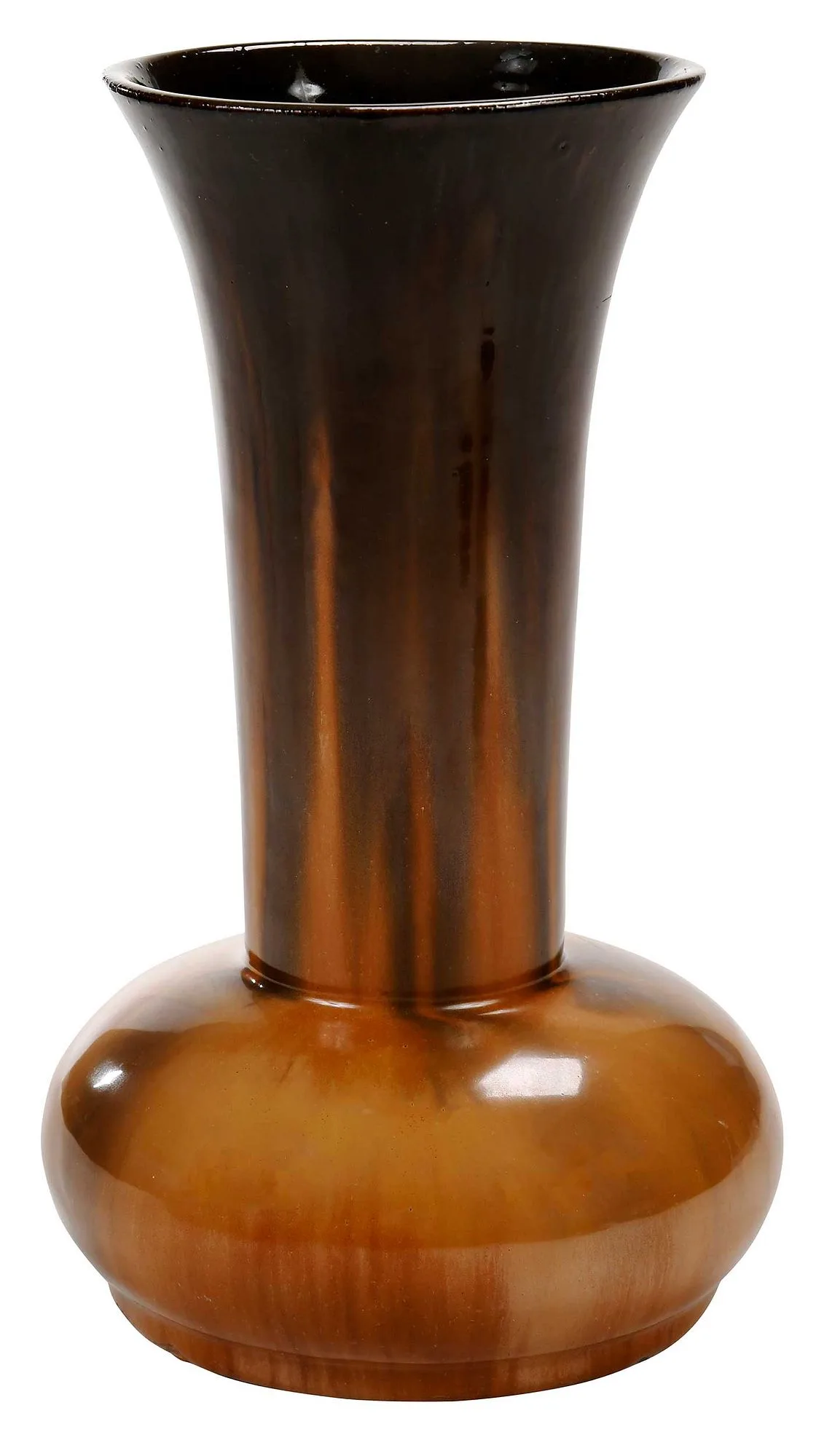 Pottery Vase by Fulper, 1909-1916, mirrored brown over orange glaze, sold May 2023