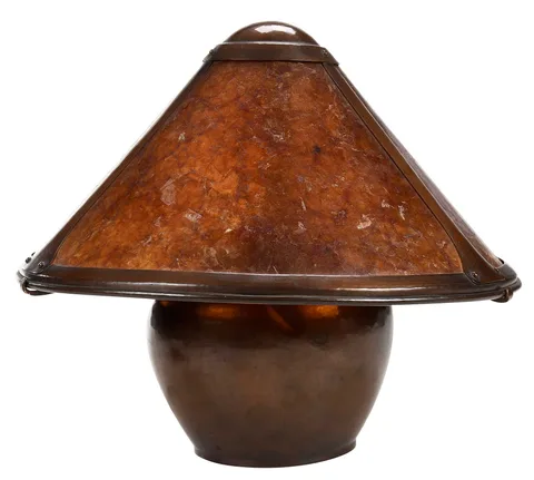 Copper and Mica Table Lamp by Dirk Van Erp, circa 1915, conical shade set with four mica panels within hammered copper frame, sold May 2023