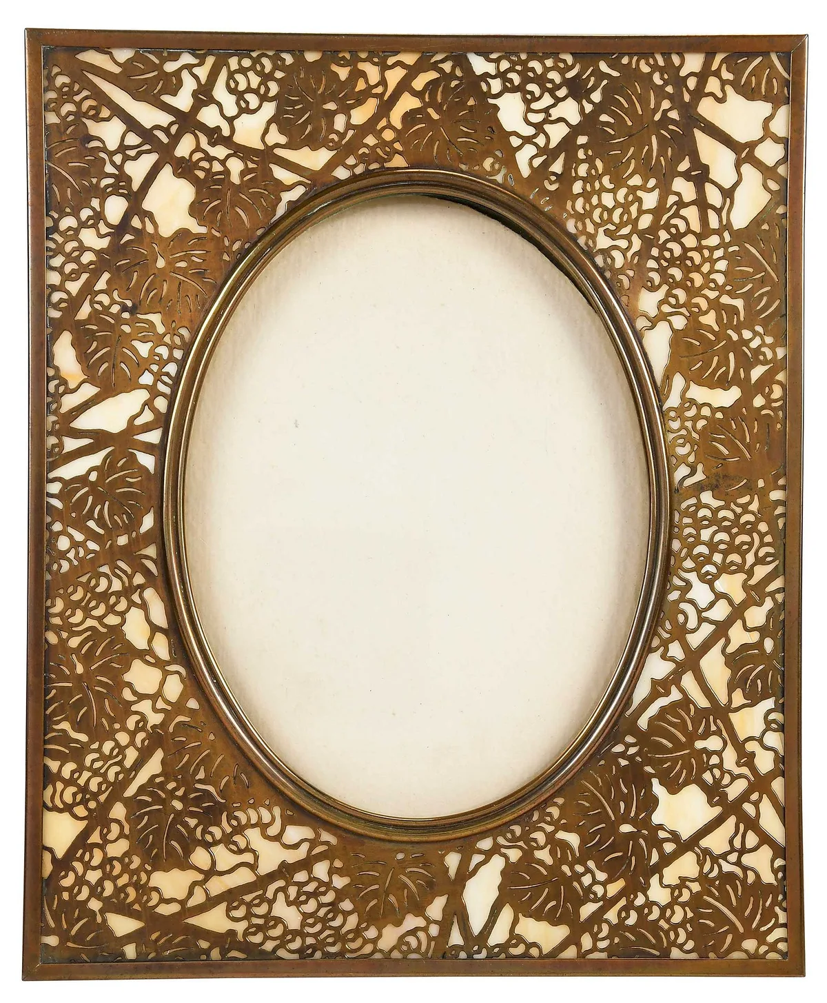 Tiffany Studios, Grapevine Frame, fitted slag glass under bronze grape bundle and leaf overlay