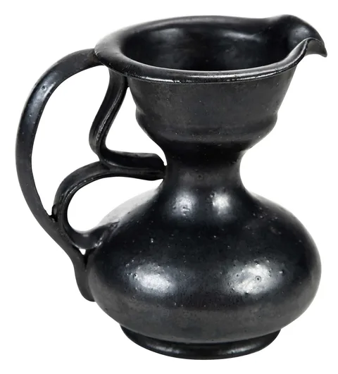 George Ohr, Diminutive Earthenware Pitcher, black gunmetal glaze to entire body