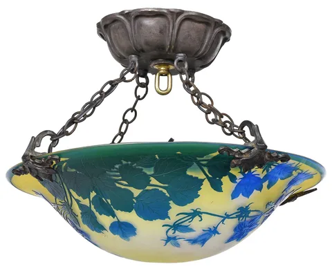Émile Gallé, Cameo Glass Campanula Plafonier, circa 1900, bronze ceiling mounts cast as stylized flowerheads supporting circular shade of gray glass internally decorated with yellow