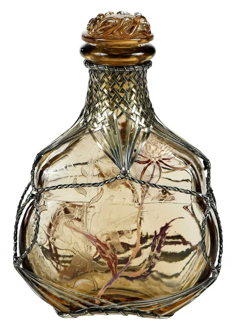 Émile Gallé, Enameled and Engraved Perfume Bottle, of pale amber glass
