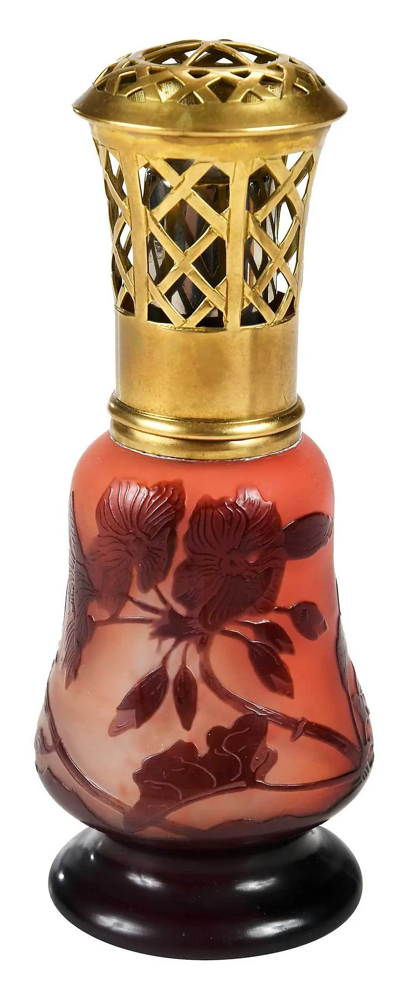 Cameo Glass Burner Diffuser by Galle, brass pierced totp and silver plate cap, sold Jul 2022