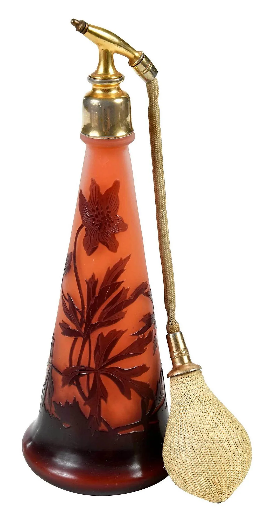 Cameo Glass Atomizer by Galle, orange glass cased in clear glass and then a frosted mahogany glass, sold Jul 2022