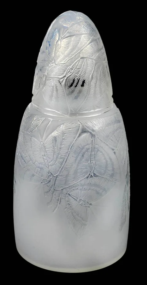 René Lalique, "Papillon" Perfume Burner, 1920s, opalescent glass burner with impressed butterfly design on body and lid