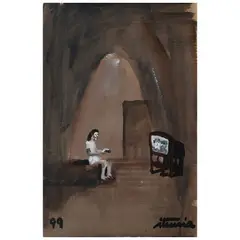 Ignacio Iturria, Mauricio viendo la TV, Óleo sobre cartón corrugado