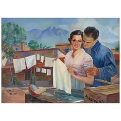 Xavier Gómez, Mujer lavando con jabón Mariposa, Óleo sobre tela