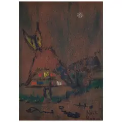 Alice Rahon, Sin título (Gato con luna comiendo pescado), Óleo y arena sobre masonite