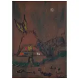 Alice Rahon, Sin título (Gato con luna comiendo pescado), Óleo y arena sobre masonite