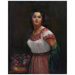 Panduro M, Mujer con rosas, Óleo sobre tela