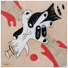 Chisco, Cuatro ejes en discordia, 2023, Acrílico, periódico y pastel sobre madera
