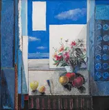 Cielo cobalto (cielo y tierra) by Vicente Gandía, 2001, Acrílico y collage sobre tela, sold Jan 2025