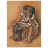 Raúl Anguiano, Mujer con iguana, Carboncillo y pastel sobre papel