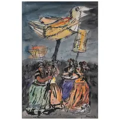 Adolfo Mexiac, Fiesta en Tehuantepec, Tinta y acuarela sobre papel