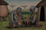 Joel Oswaggo, ‘A man and his wife drinking their beer at the time of harvesting’, undated, acrylic on canvas