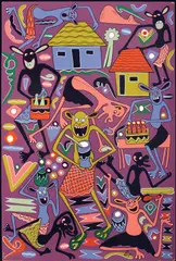 Watu Wnajiandaa Kwa Mahitaji Ya Mwaka Mpya Mda Mchache Uajo, undated by George Lilanga, Oil on board, sold Feb 2017