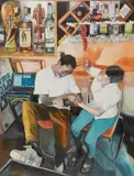 Henry Mzili Mujunga, Hair Salon, 2018, Oil and tempera on canvas