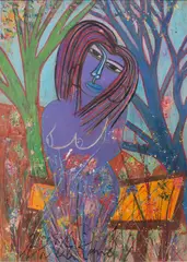 Blue Woman Sitting on the Bench by Charles Sekano, 2009–2010, Mixed media on paper, sold Mar 2019