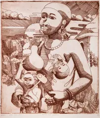 Robino Ntila, Mother and Children, 1980, Etching on paper, ed 7/100