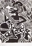 Augustino Malaba, Untitled (Jando), 1998 & Untitled (Musician), 2001, Woodcut prints on paper, ed 2/5 & ed 4/5