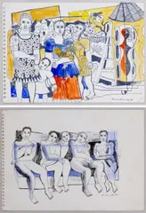 Geoffrey Mukasa, Untitled, 1998 and Untitled, 2000, Ink and gouache on paper, Ink and pastel on paper