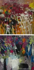 Untitled VI, 2018 and Untitled VII by El Sadig Agena, 2020, Both acrylic on canvas, sold Nov 2024