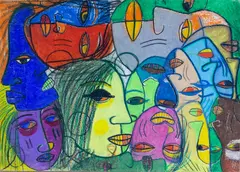 Untitled (Faces), undated by Charles Sekano, Oil pastel on paper, sold Nov 2024