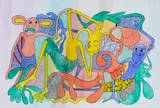 George Lilanga, Baba inatosha pombe, 1998, Watercolour and ink on watercolour paper