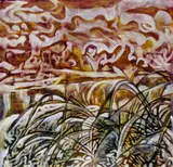 Theresa Musoke, Untitled (Landscape in pink with papyri), circa 2000s, Acrylic on canvas