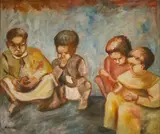 Lydia Mugambi, Untitled (Children Eating), 1976, Oil on canvas mounted on board