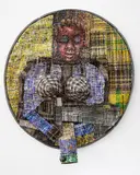 Dickens Otieno, Nyagem Tailor, circa 2011 – 2014, Shredded aluminium cans, canvas, acrylic and synthetic leather woven on steel mesh