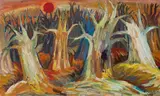 Kiure Francis Msangi, Baobab under the Red Moon, 1969, Acrylic on board