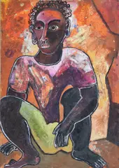 Geoffrey Mukasa, Boy Seated, circa 2005, Mixed media with oil and collage on board
