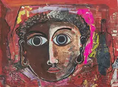 Geoffrey Mukasa, Untitled (Single Face in Red), 1996, Mixed media and collage on card