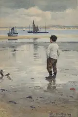 Richard Ellis Wilkinson, Boy On The Beach, Fishing Boats Beyond, Watercolour