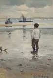Richard Ellis Wilkinson, Boy On The Beach, Fishing Boats Beyond, Watercolour