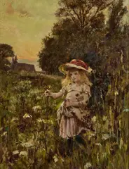 James Charles, Summer Country Scenes, A Girl Picking Flowers And At The Cottage Door, Oil on canvas Girl picking flowers, indistinctly