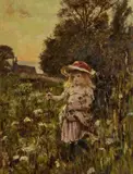 James Charles, Summer Country Scenes, A Girl Picking Flowers And At The Cottage Door, Oil on canvas Girl picking flowers, indistinctly